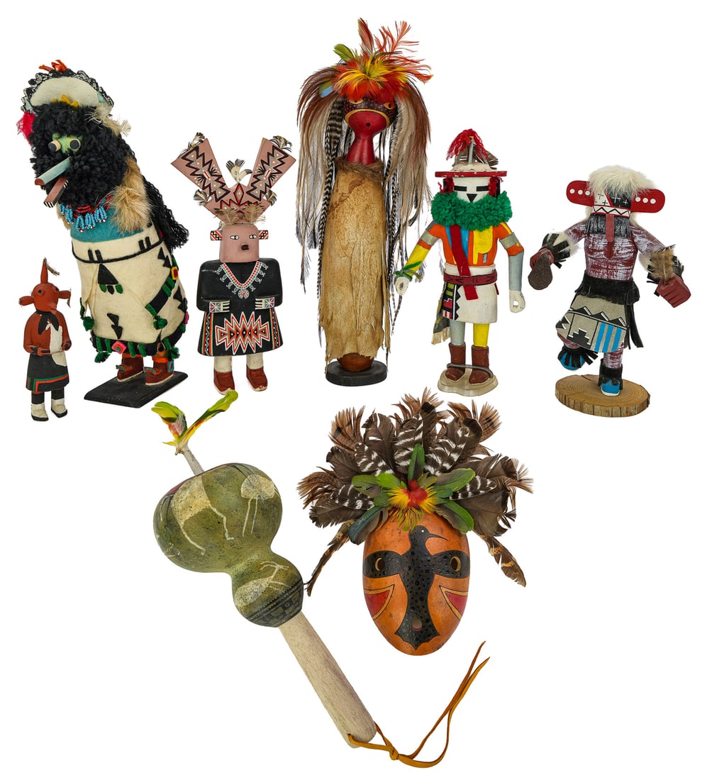 Hopi Kachina Dolls including H Jones, D R Nance: Hopi Kachina dolls, including H Jones "Warrior", D R Nance gourd kachina, gourd mask, gourd rattle, (8 pcs), hts 6" to 14"