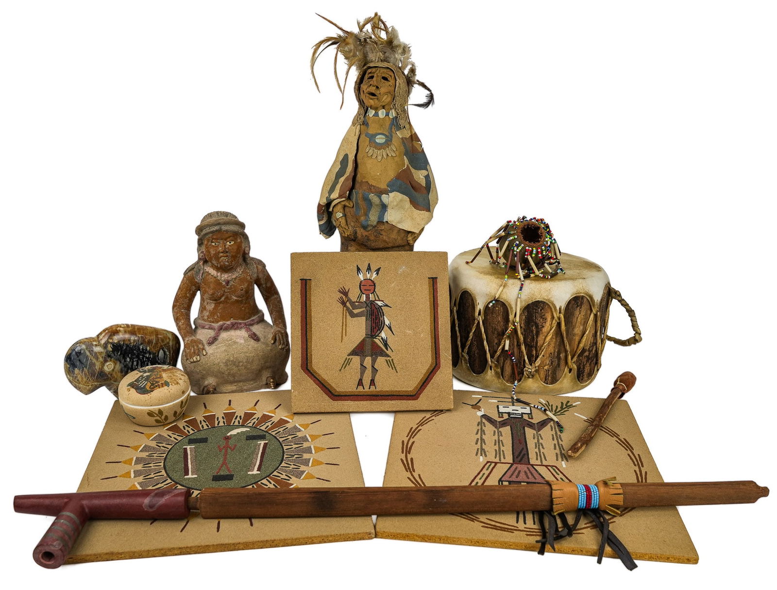 SW Drum, Sand Paintings, Stone Pipe, etc: Southwestern Native American accessories, including Taos Pueblo drum, Southwestern pottery, large stone fetish, etc