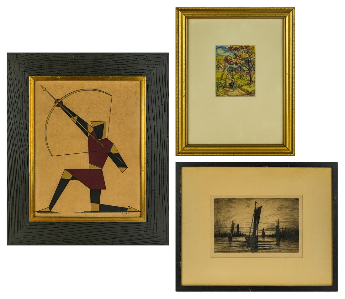 Three Framed Art Pieces: Three Framed art pieces, Engraving of ships signed H France, Watercolor signed KE Dike, Serigraph Signed Serge. From 12 x 10" to 17 x 20" as framed.