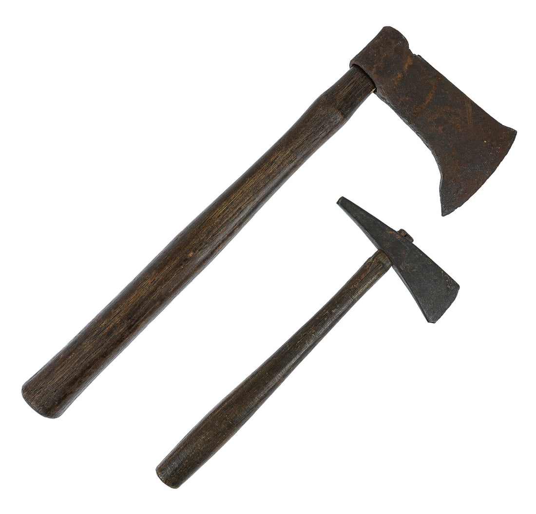 Two 19th c Trade axes: Two 18th or 19th c Trade Axes Descending from the James Dunn Collection and Gallant Pelham Antiques - 6" tomahawk with replaced oak handle said to come from Skene Foundry purchased circa 1930 from Tic