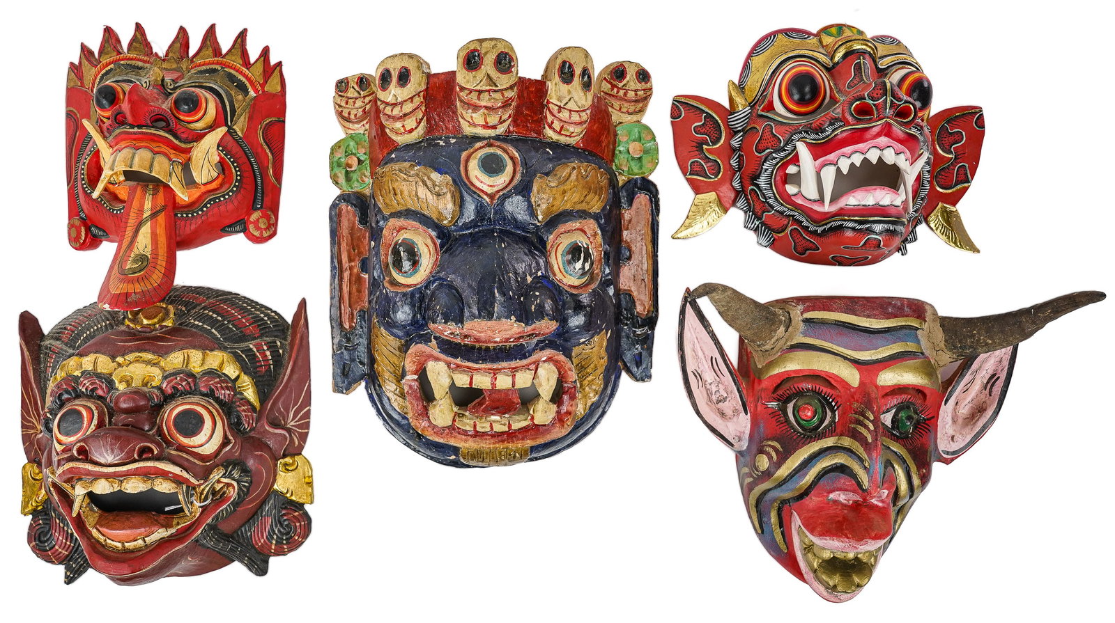 Five South East Asian Masks: Five polychrome decorated Southeast Asian Masks incl Thai, Sri Lankan and Tibetan mythological figures. From 12-15" hight.