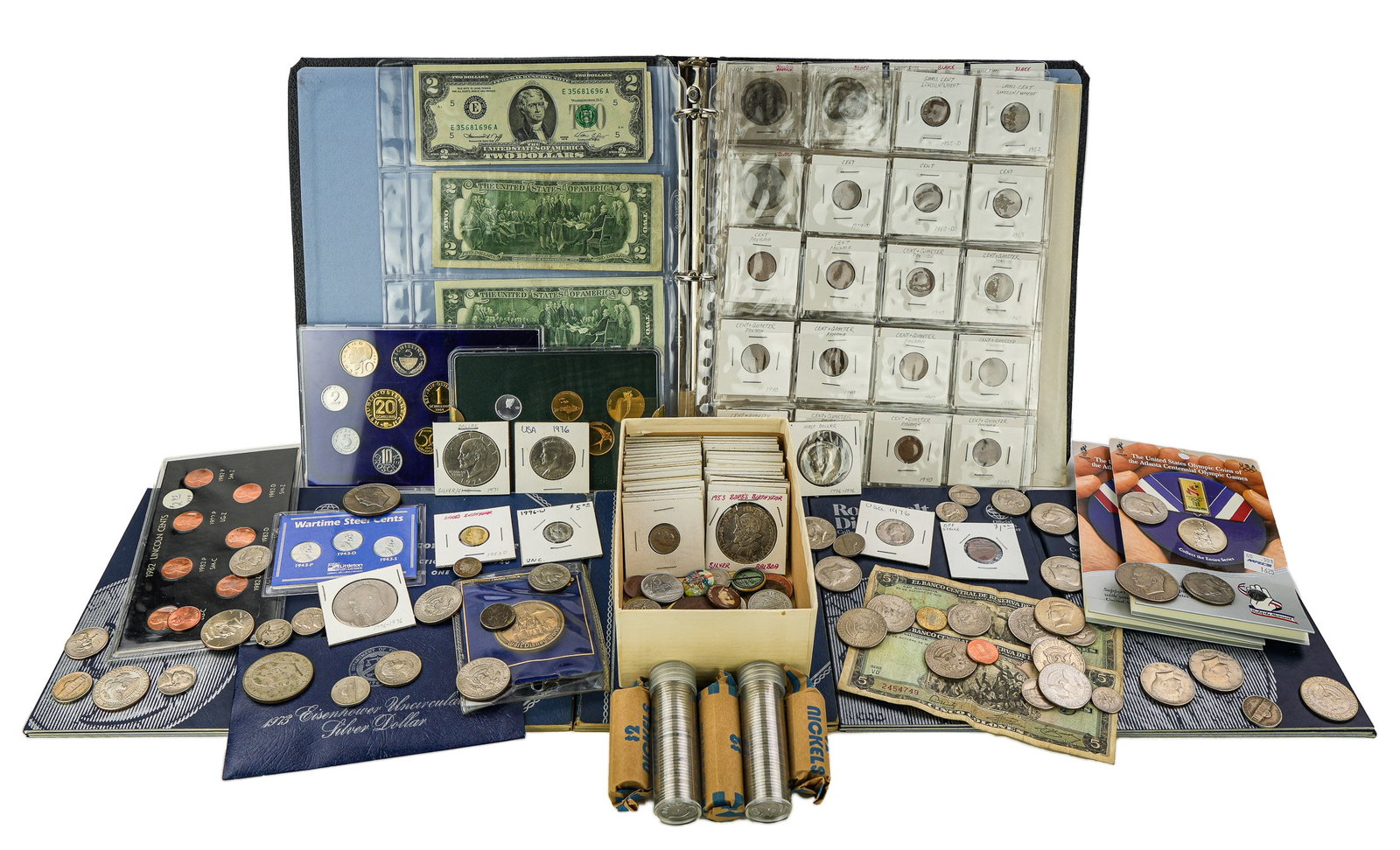US, Foreign Coins & Currency: US non-silver coins, a few US silver coins, US $2 bills, US Buffalo nickels, foreign coins, currency, & proof sets (US money est $90 face value)