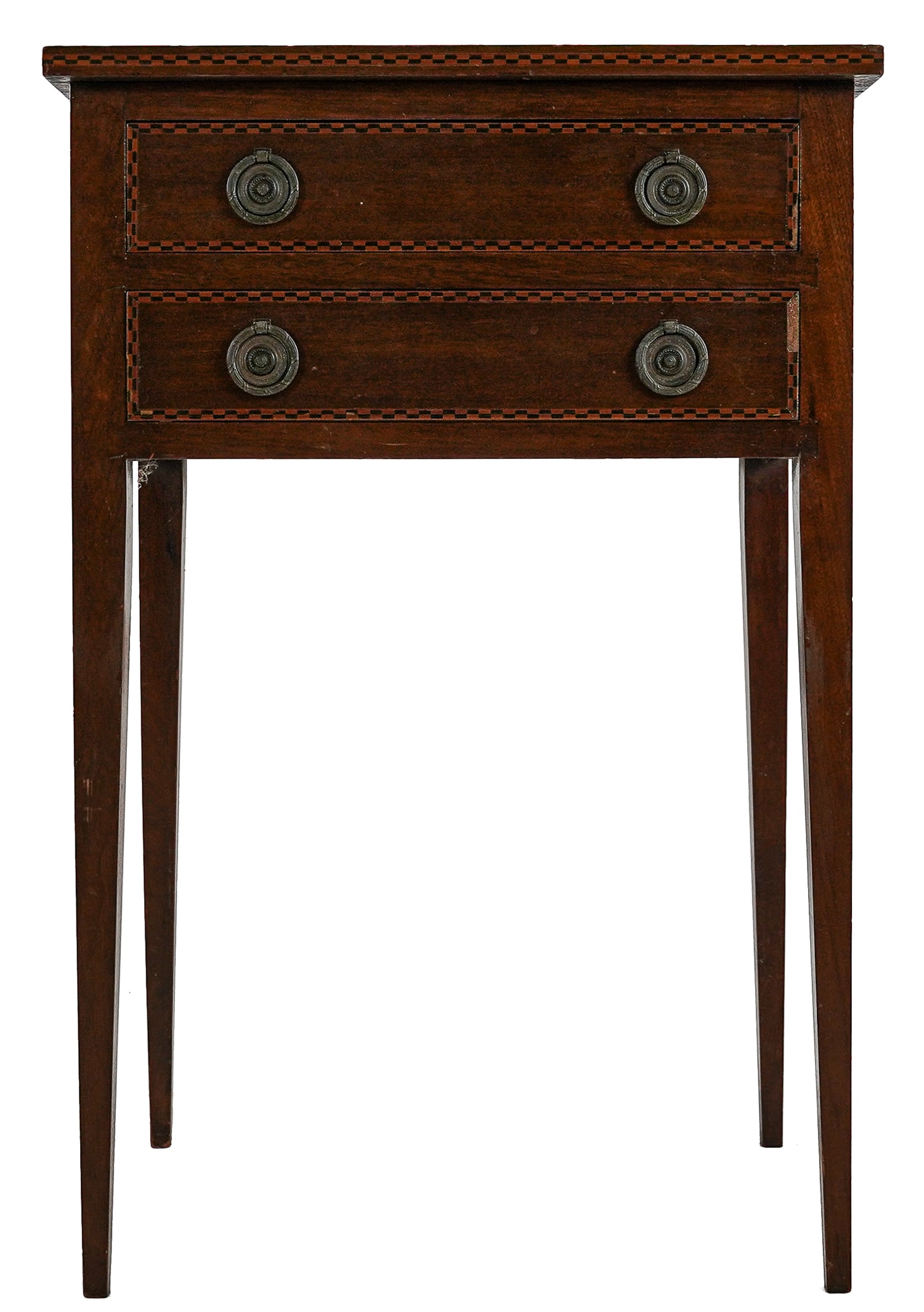 Two Drawer Bench Made Hepplewhite stand: Two Drawer bench made Hepplewhite stand with checkered inlay, Mahogany with pine secondary woods. Minor losses and a separation to one drawer. 29 x 19 x 13"