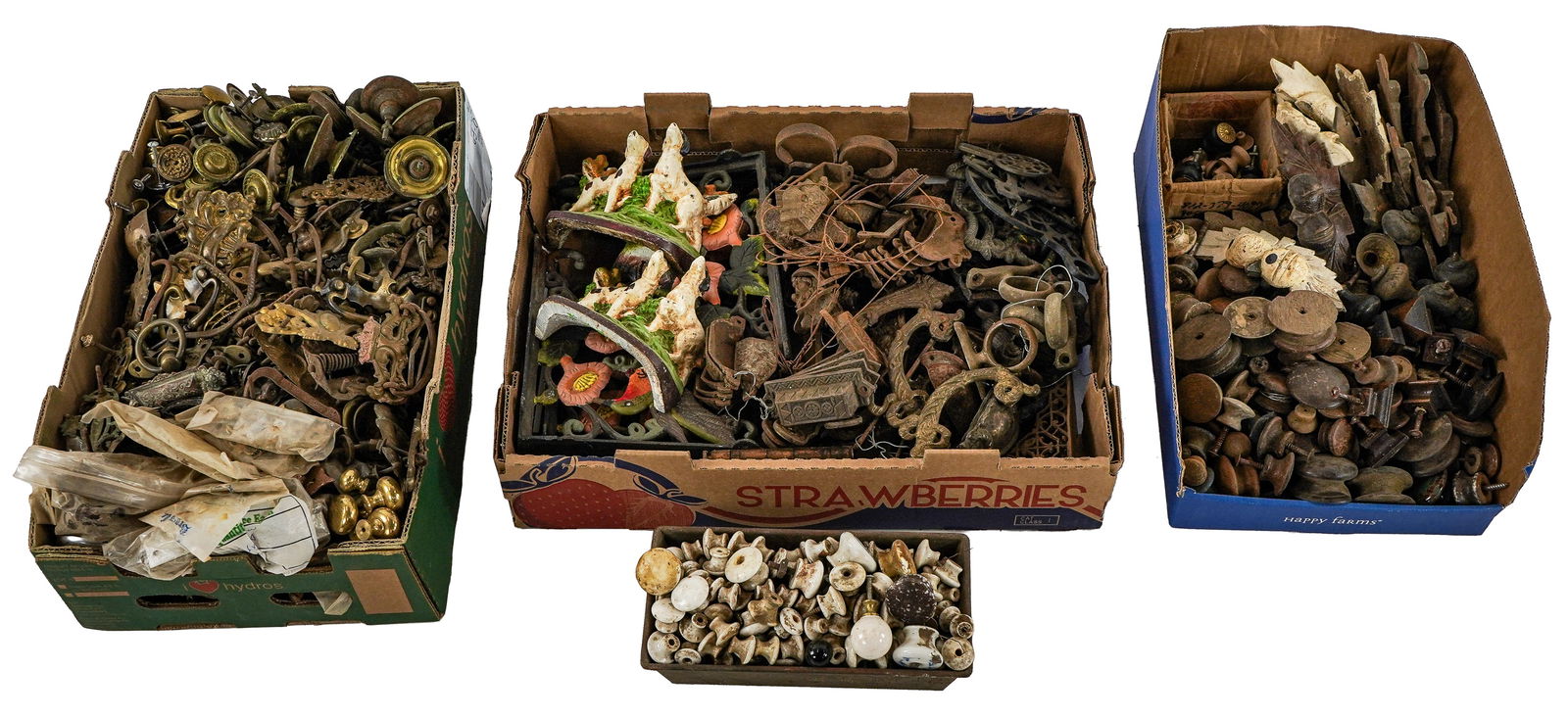 Large Lot of Furniture Knobs, Pulls and Hardware: Large lot of 19th and early 20th c. furniture knobs, pulls, bails and hardware including porcelain knobs, Bennington mottled pottery knobs, turned wooden knobs, stamped brass pulls with swing bails, c