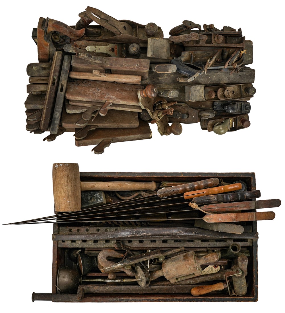Collection of Antique Tools and Planes: Collection of antique tools including a variety of molding planes, Stanley jack planes, squares, draw shaves, hand saws, oil cans, mallet, etc. and paint decorated tool carrier