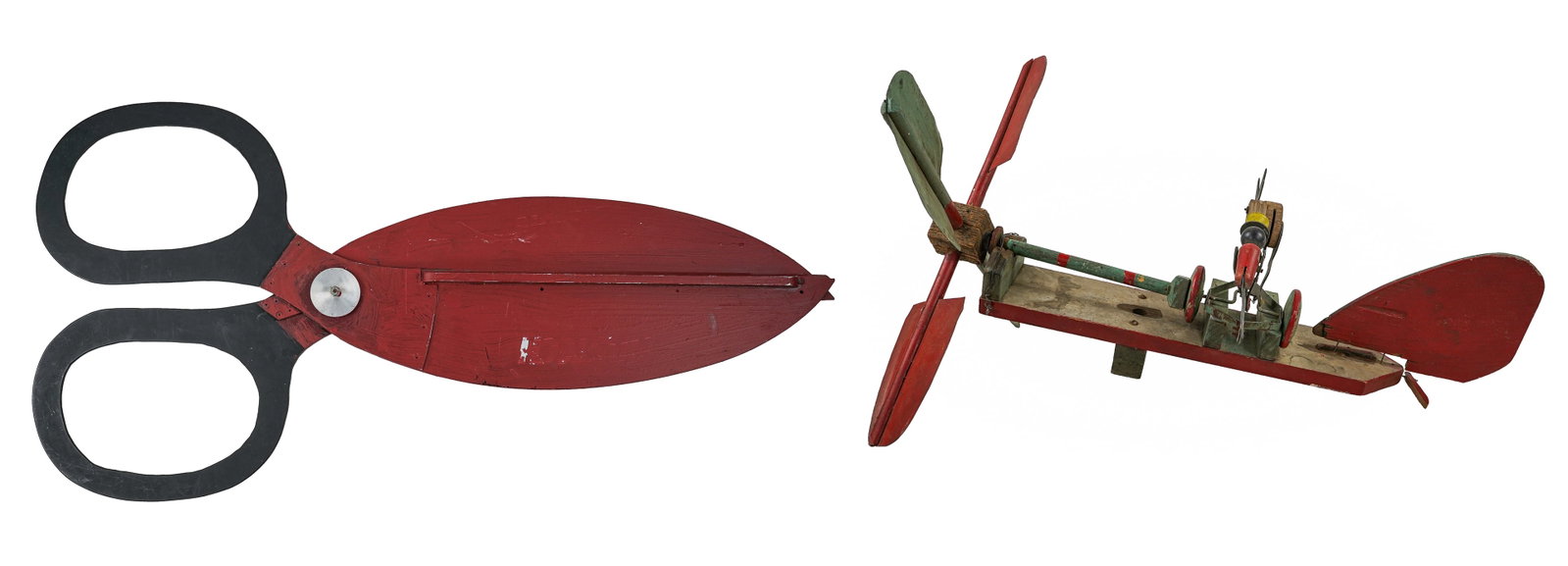 Two Pieces- I Always Despised the Mule, and Large Shears: Two mid 20th c Folk Art Pieces - I Always Despised the Mule- Whirly gig 24" long blades 20" , and a large pair of folk art shears (believed to be a trade sign.) 41" long 20" wide