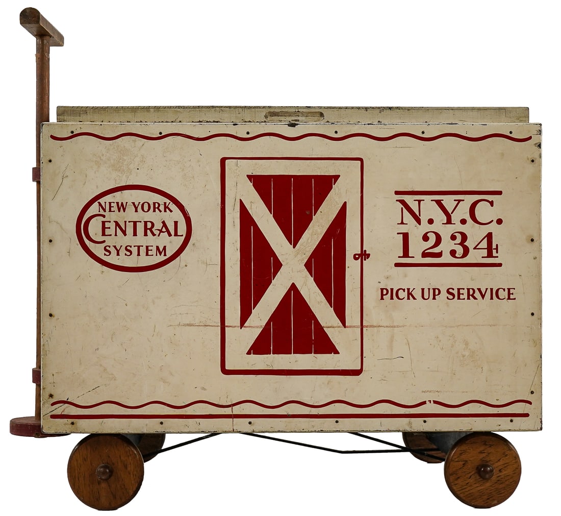 Wooden Ride on train box: mid/ early 20th c Ride on train box- Marked NYC 1234/ New York central 27 x 25 x 15"