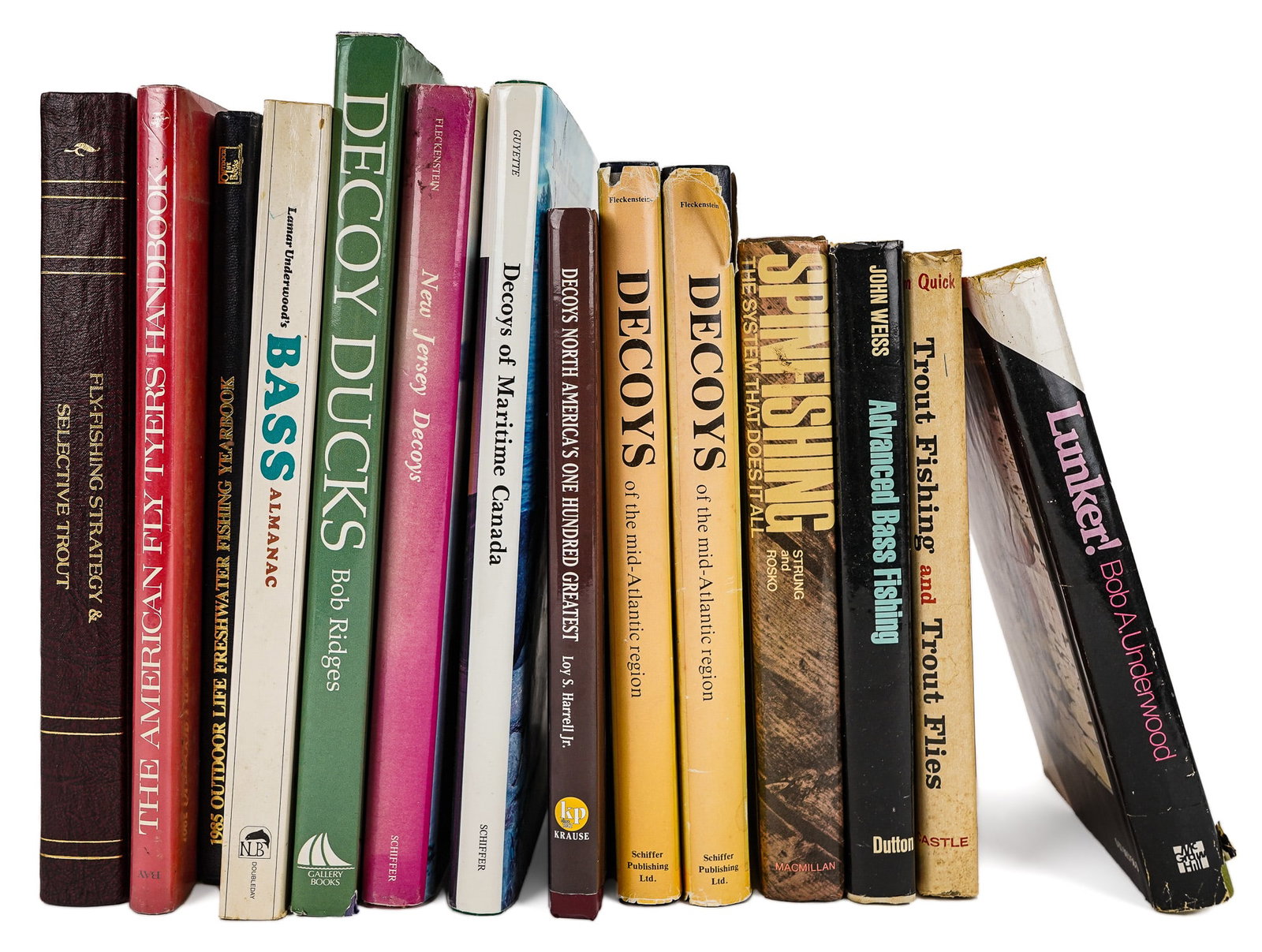 Lot of Sporting Books,: Approx 14 titles as shown- Decoys North America's 100 Greatest -Harrell, Decoy Ducks-Ridges, Decoys of Maritime Canada- Guyette, NJ Decoys- Fleckenstein, 2 copies of Decoys of the Mid-Atlantic Region 