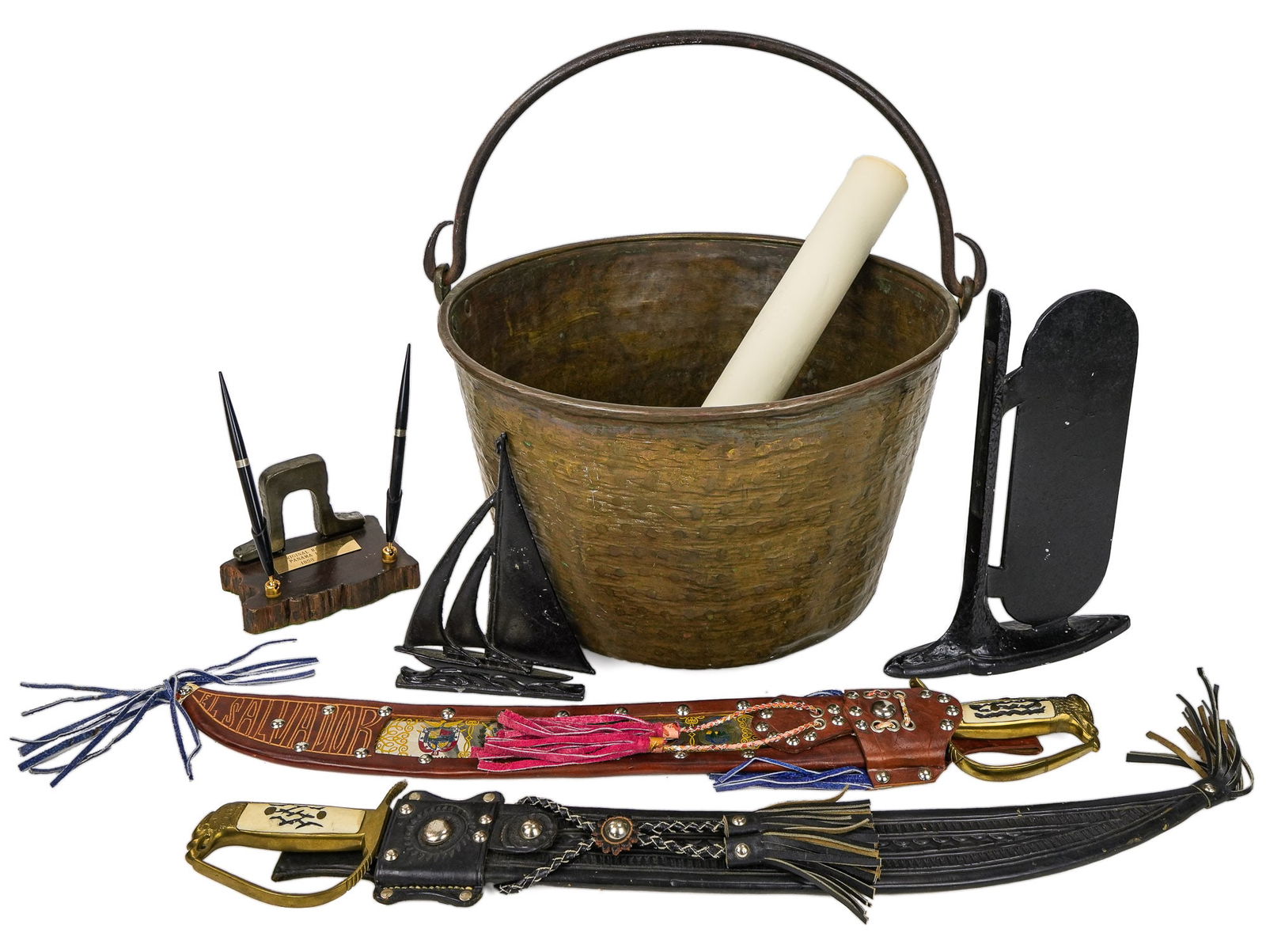 Estate Lot Including Spun brass kettle: Estate lot including spun brass kettle, Piece of Panama RR Desk plate, Two South American Machetes, Sailboat house plate,