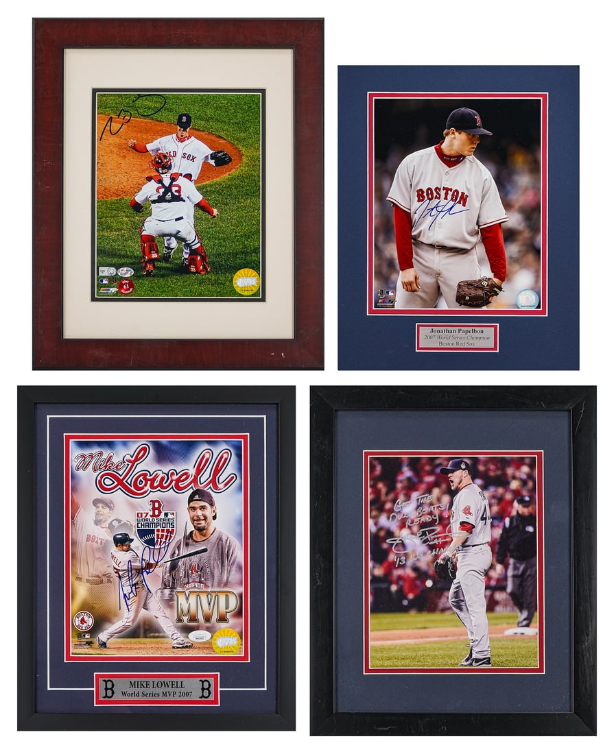 4 Red Sox World Series Autographed Photos: A group of 4 World Series Red Sox autographed photos including Jonathan Papelbon 2007 matted, Mike Lowell MVP 2007 (Framed), Clay Buchholz 2007 (Framed), and Jake Peavy (framed) signed "Get The Duck B