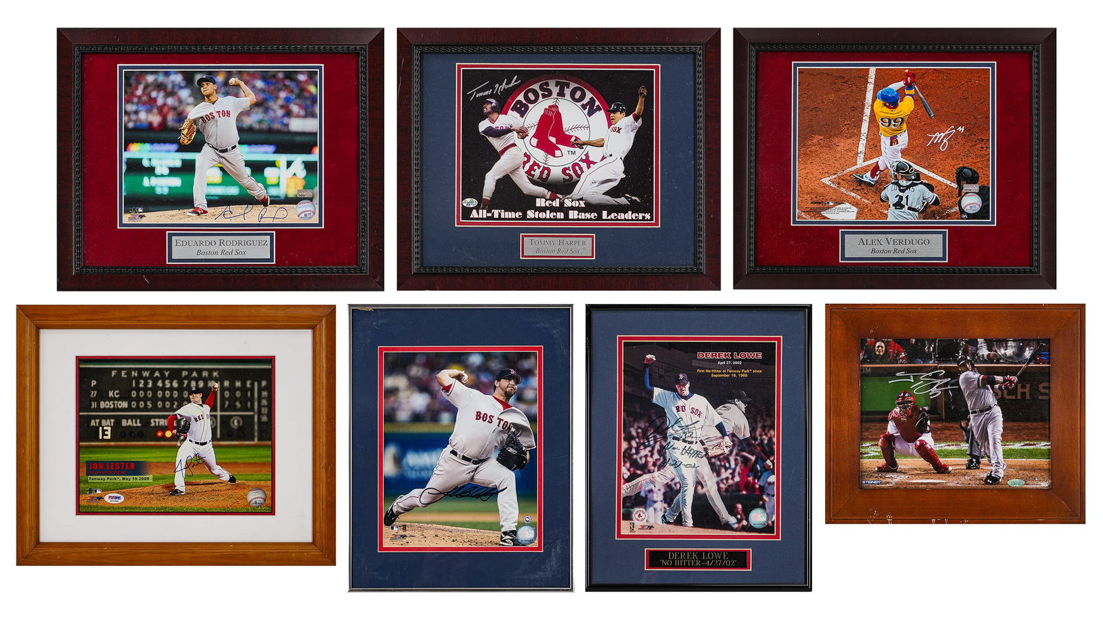 7 Boston Red Sox Autographed Photos: A group of 7 autographed Boston Red Sox photographs including Tommy Harper(all time stolen base leader), Alex Verdugo, John Lester No-Hitter 2008, Derek Lowe No hitter 2002, Josh Beckett, Euardo Rodri