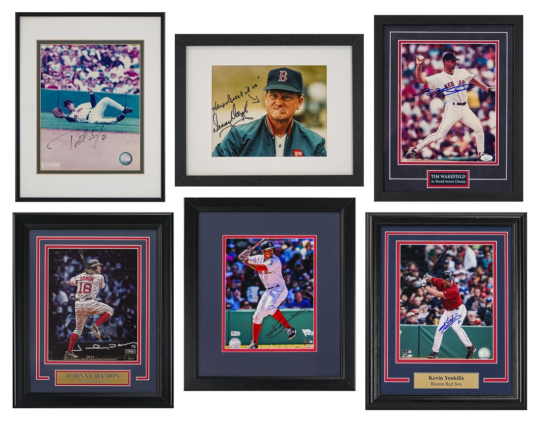 A Group of 6 Red Sox Autographed Photos: A group of 6 Red Sox autographed photos including Zander Bogarts, Johnny Damon 2013 National Sports Collectors Convention, Trot Nixon, Kevin Youkilis, Tim Wakefield. All in 12" x 15" frames and matted
