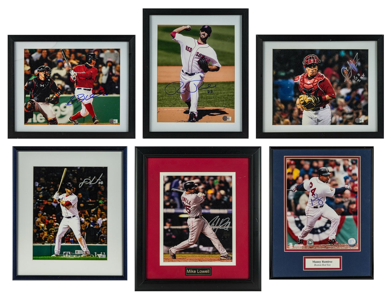 6 Autographed Boston Red Sox Player Photographs: A group of 6 21st century Boston Red Sox player photographs including J D Martinez, Mike Lowell, Manny Ramirez, Christian Vazquez, Rick Porcello, Brock Holt.