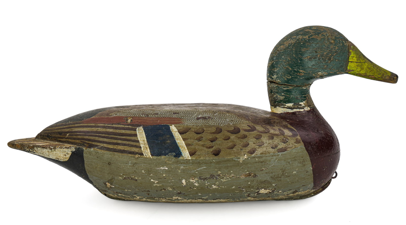 Leopold Koehler Peru, IL. Mallard Decoy: Mallard Drake decoy signed on lead weight by Leopold Koehler (1871-1944) Peru, IL. Original paint, losses. 16" long.