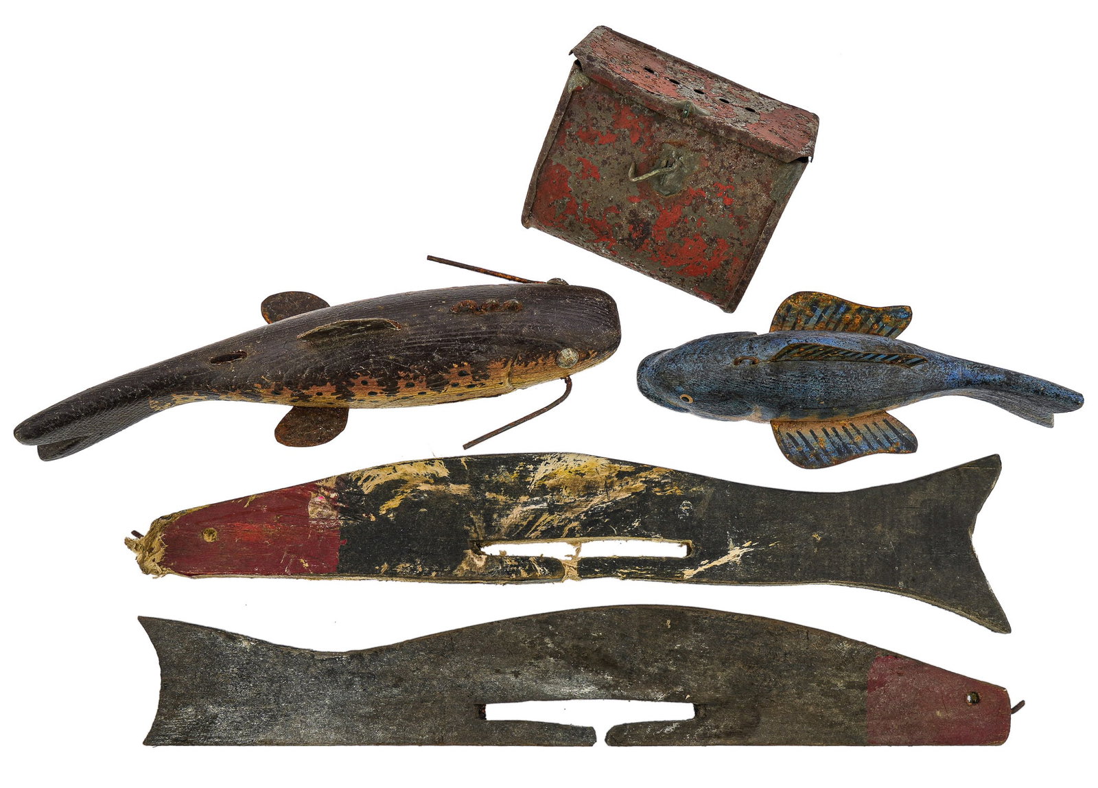 Fish Decoys: A group of 2 fish decoys cat fish, bass, 8" and 6". With fish form painted hand lines, ad a early tin bait can.