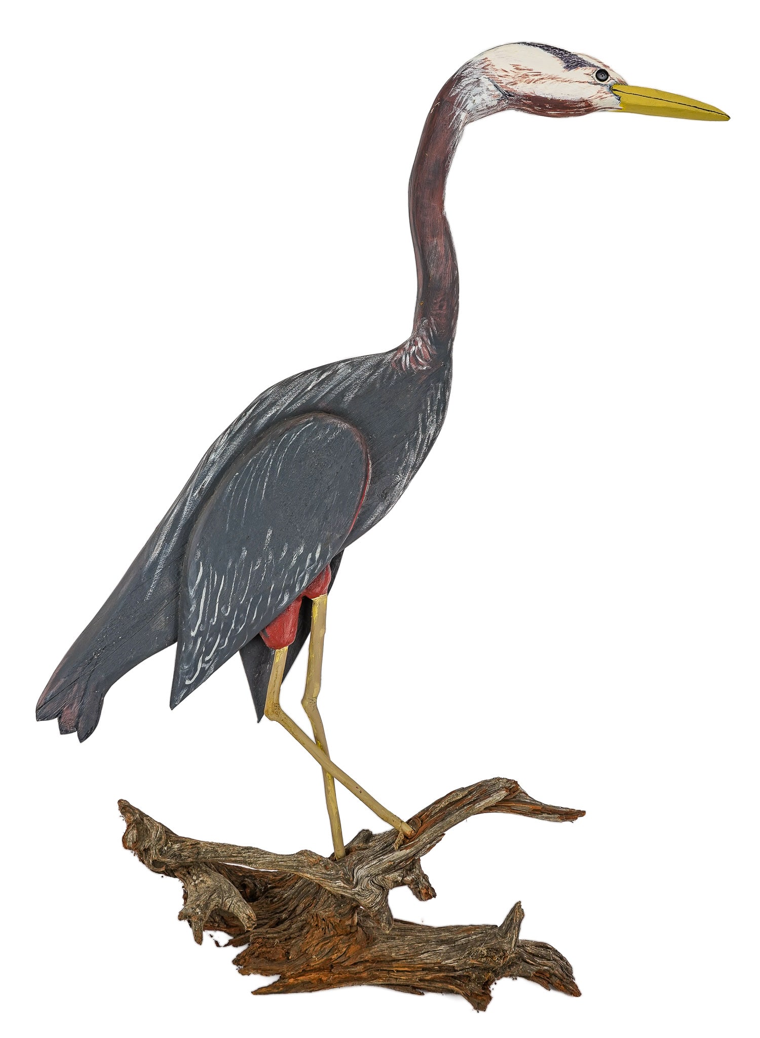 Life Size Crane Decoy: 52" high life size crane decoy, painted and mounted to a drift wood base.