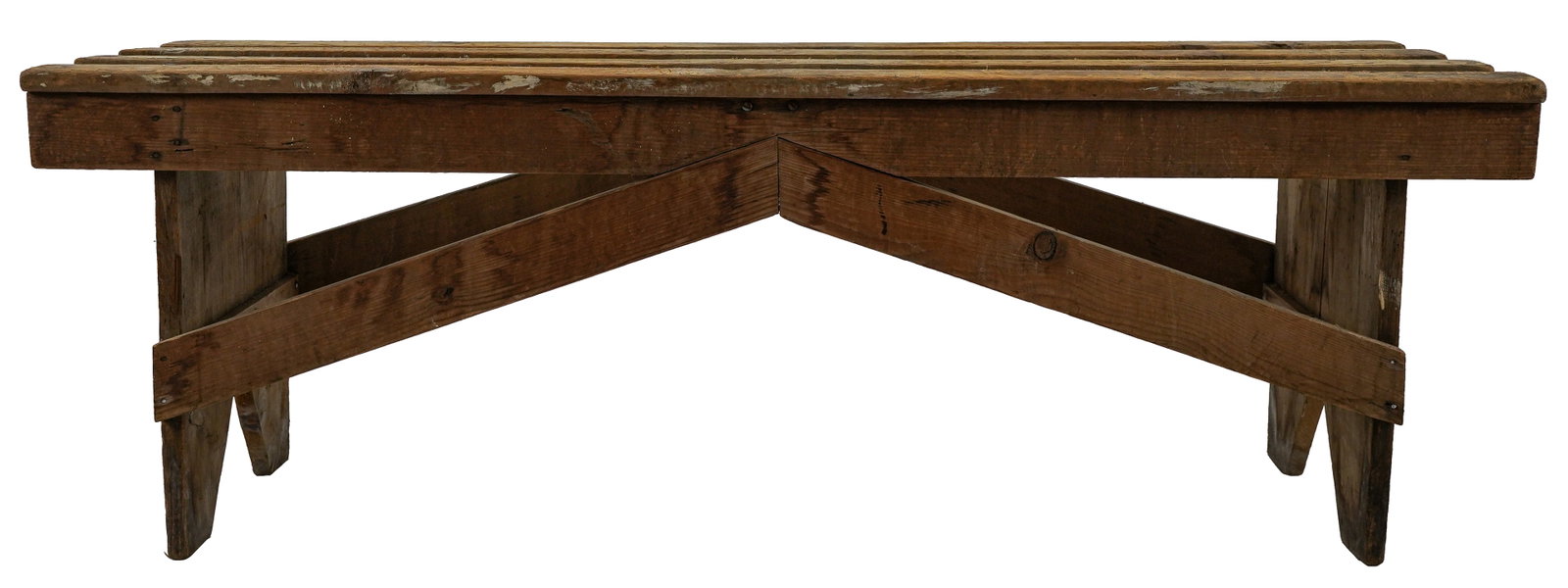 Primitive Pine Bootjack End Slat Bench: Early 20th c. country primitive pine slat bench with bootjack ends, possibly originally for wash basins 51.5" x 18" x 16"