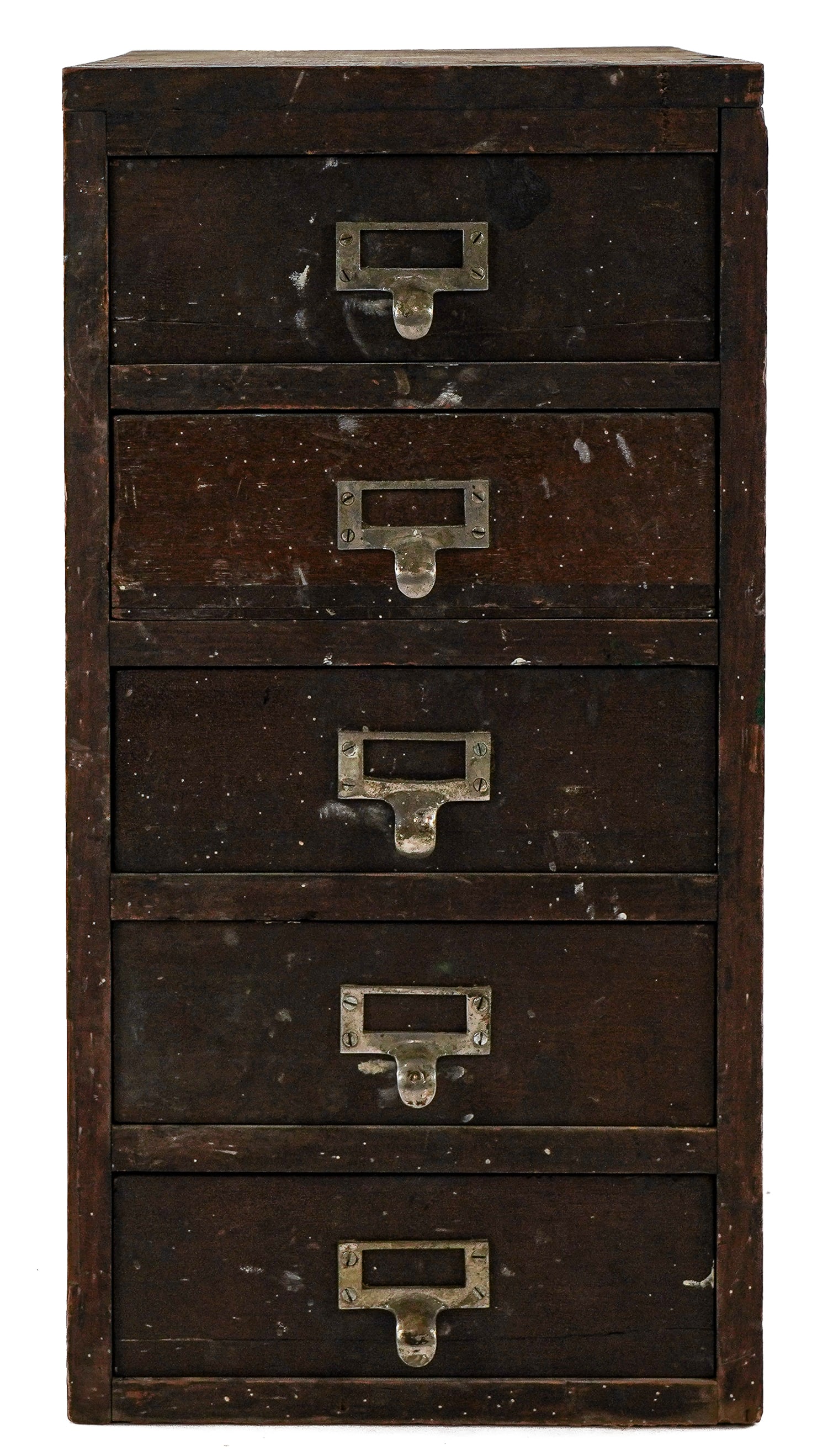 Small Mahogany and Pine 5 Drawer Flat File: Small early 20th c. pine five drawer flat file with mahogany drawer fronts, nickel plated index label pulls, 3 drawers have interior coin till compartments, distressed old surface 23.5" x 12" x 19.5"