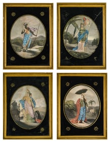 Four early 19th c hand colored allegorical Mezzotints