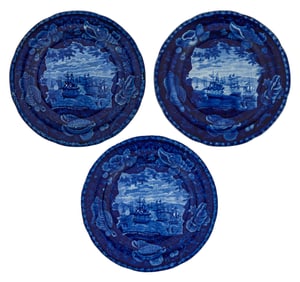 3 MacDonoughs Victory Blue Staffordshire Plates