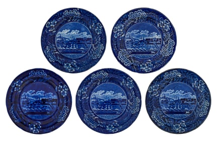5 Landing of Lafayette Blue Staffordshire Plates