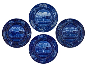 4 Landing of Lafayette Blue Staffordshire Plates