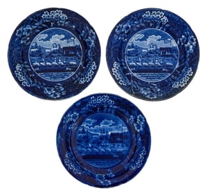 3 Landing of Lafayette Blue Staffordshire Plates