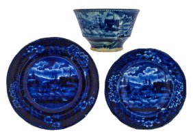 3 Landing of Lafayette Blue Staffordshire Items