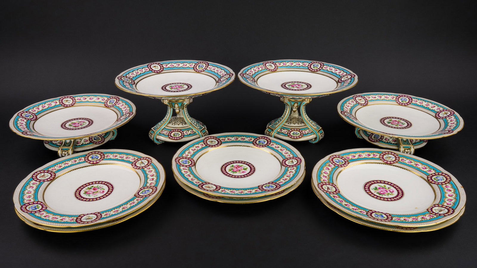 Outstanding Minton 10 pc. Porcelain Dessert Set: Outstanding 19th c. attr. Minton 10 pc. English bone china porcelain dessert set including two neo-classical footed salvers, two compotes (one with old staple repairs to stem), and 6 dessert or lunche