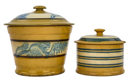Two Banded Yellowware Covered Jars