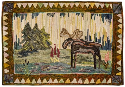 Folky Moose Hooked Rug