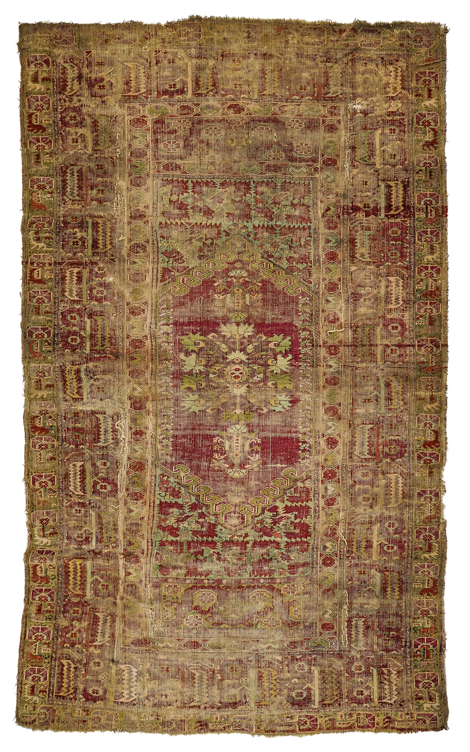 19th c Antique Turkish Ghiordes Area Rug: 19th c Antique Turkish Ghiordes area rug, 1940's "Archie Chamalian Antique Rugs 785 Madison Ave NYC tel Regent 4-5430" wire tag, heavy wear, 4' x 6' 10"