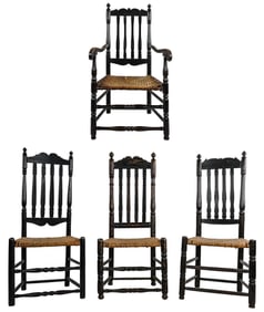 Assembled set of four 18th c New England bannister back chairs