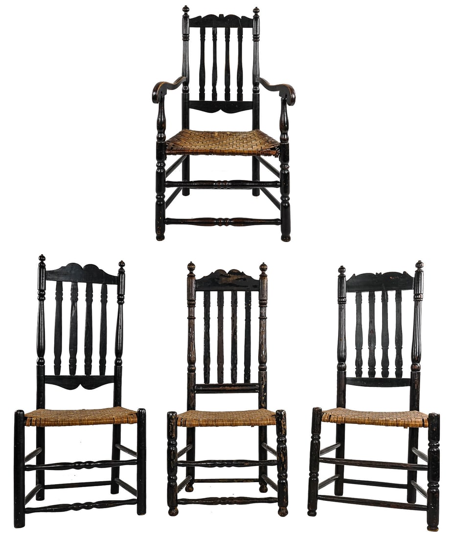 Assembled set of four 18th c New England bannister back chairs (1 of 5)