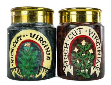 2 Rich Cut Virginia Stoneware Painted Tobacco Jars