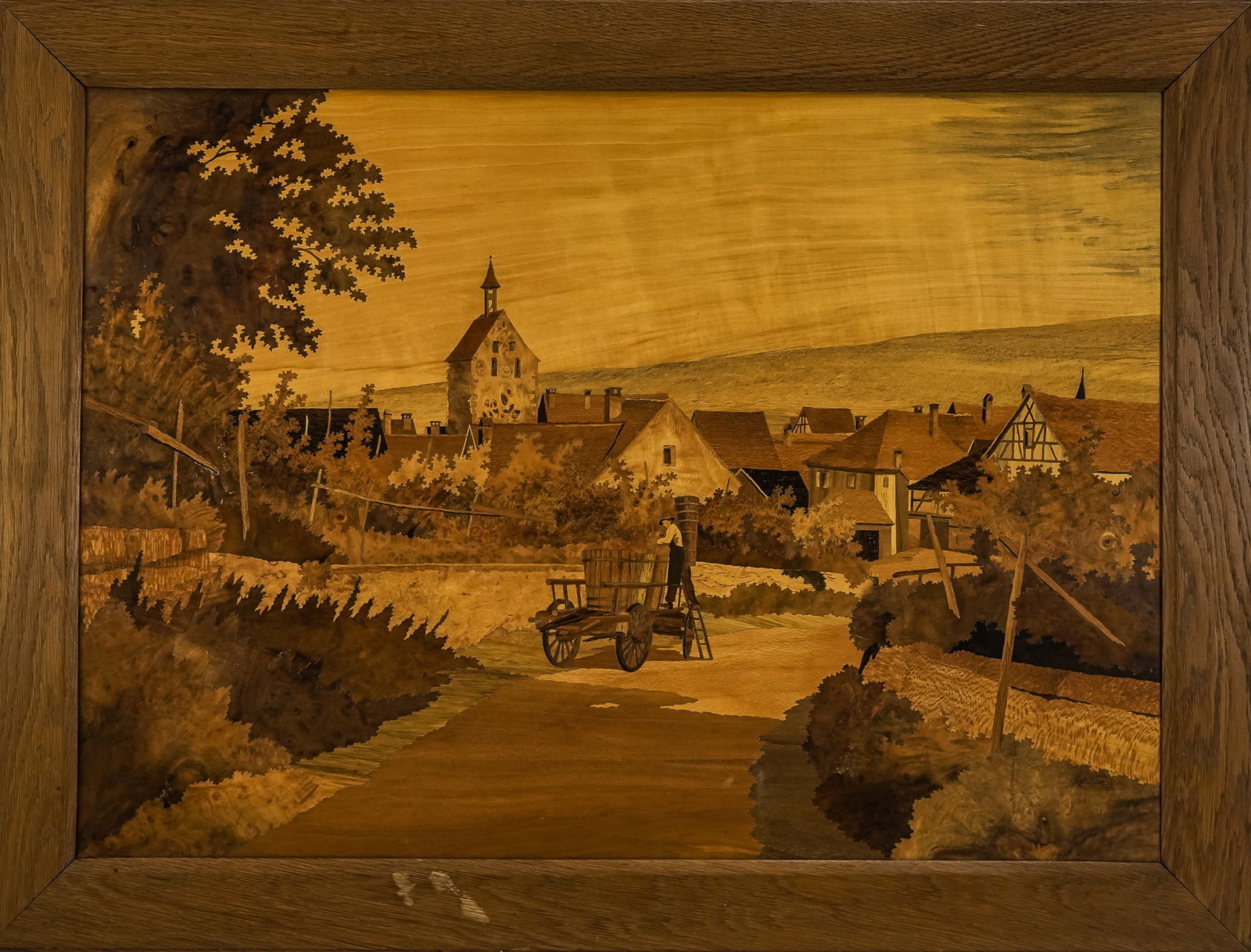 Charles Spindler (FR 1865-1938) Marquetry Inlaid Scene: Charles Spindler (French 1865-1938) Marquetry inlaid village scene signed lower right Image 23 x 33" 29 x 38" as framed.