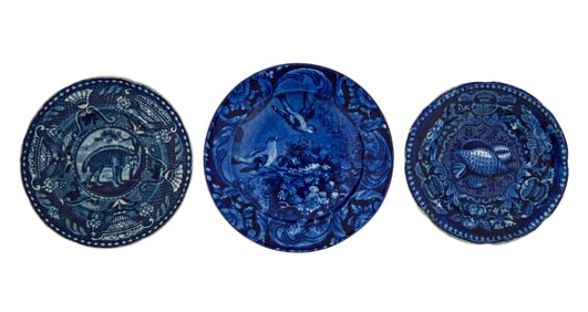 3 Deep Blue Staffordshire Cup Plates