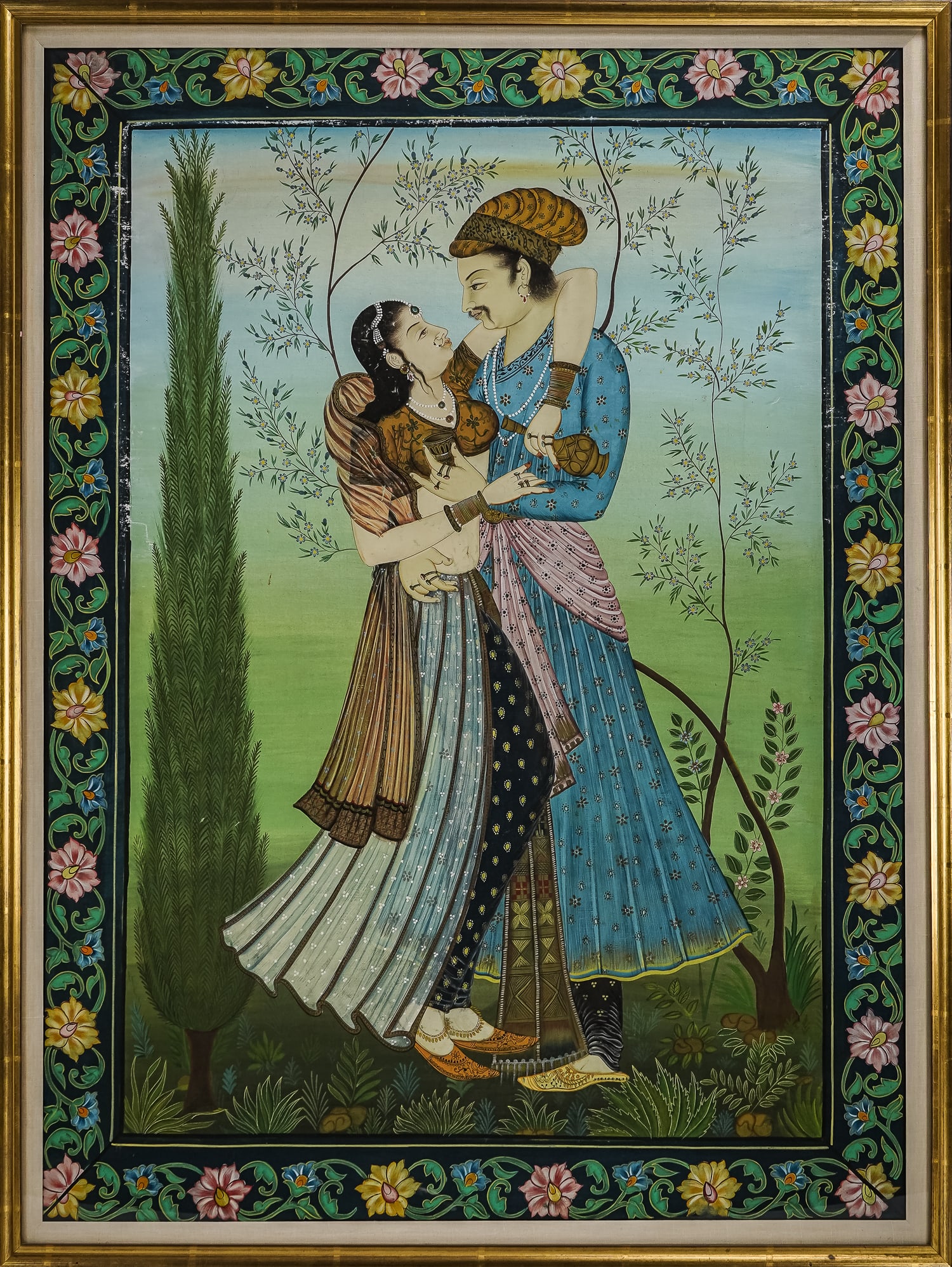 Large 19th c Indo Persian watercolor: Large 19th c Indo Persian Mughal watercolor romantic scene with nobles. 49 x 37" as framed