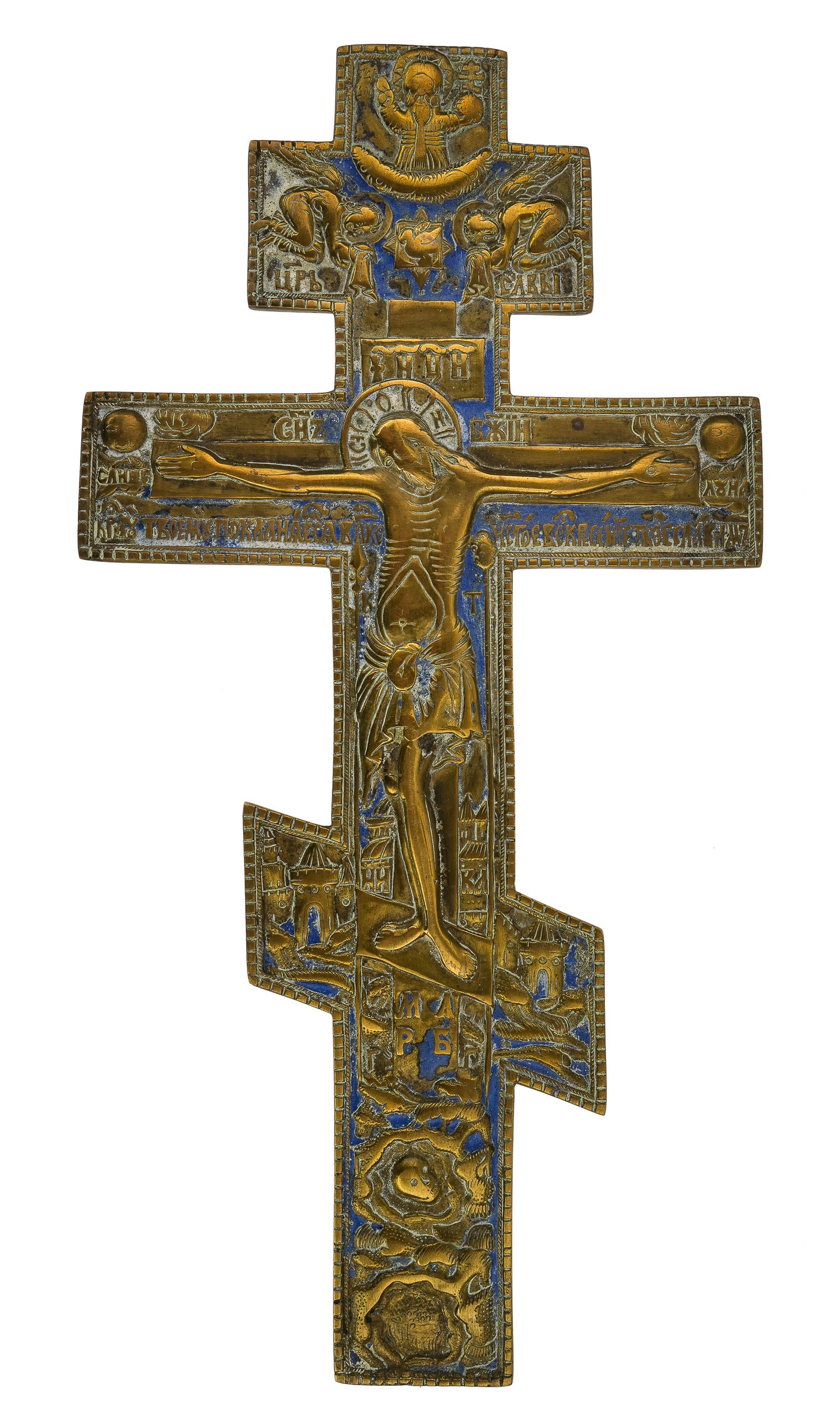 19th c Russian Bronze and Enamel Blessings Cross (1 of 4)