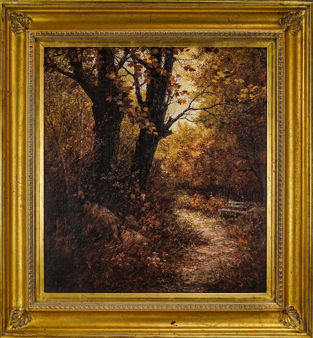 Gunter Korus (DE 1925-2021) Autumn Landscape: Gunter Korus (German 1925-2021) Autumn Landscape oil on canvas signed lower left 22 x 20" 30 x 27" as framed. Identified reverse