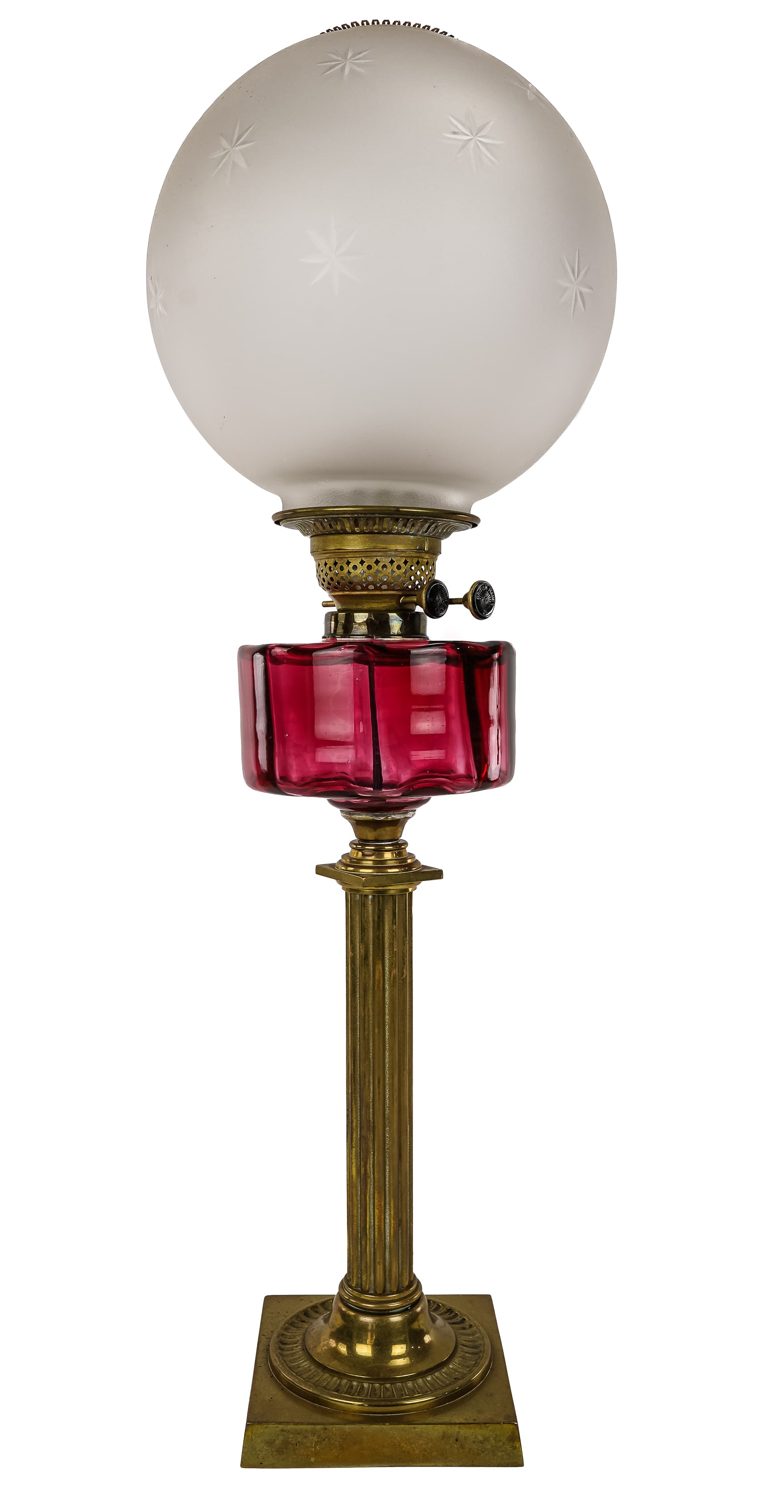 Brass & Cranberry Glass Astral Table Lamp. (1 of 5)