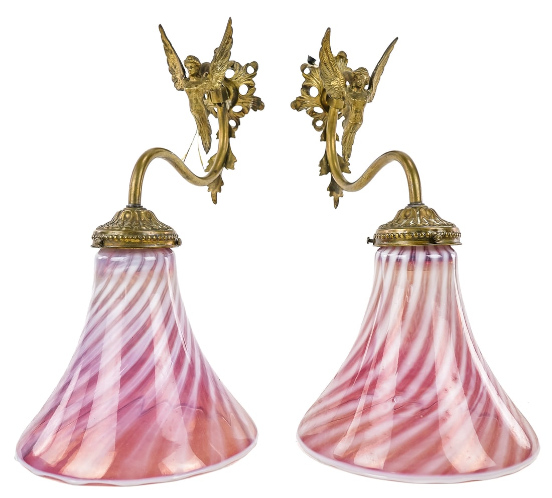 Pair Cranberry Opalescent Swirl Bracket Lamps (1 of 7)