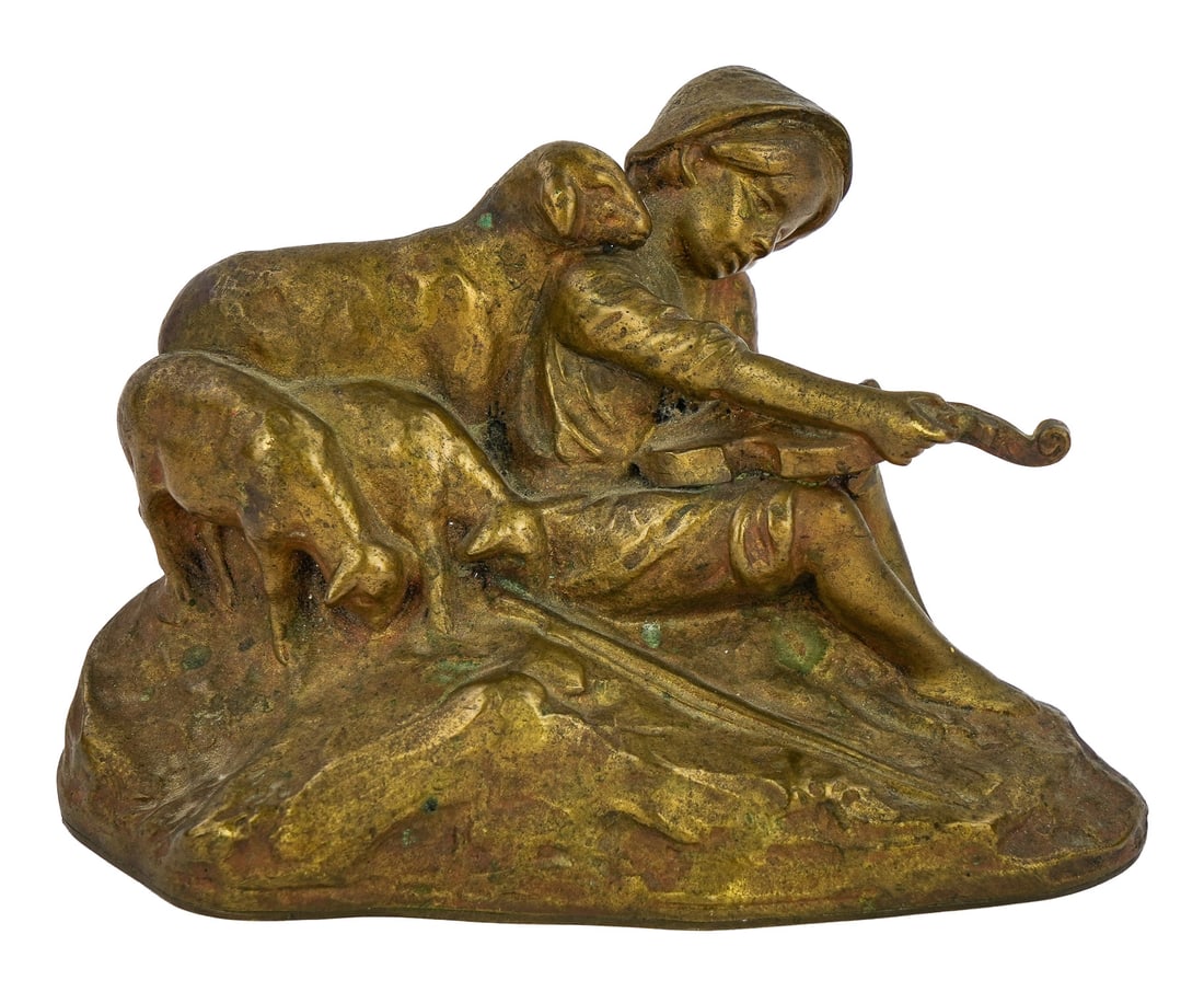 Peter Tereszczuk (Austrian 1875-1963) Bronze: Peter Tereszczuk (Austrian/ Ukrainian 1875-1963) bronze Shepherd boy with sheep tuning a violin, length 4 1/2", ht 3"
