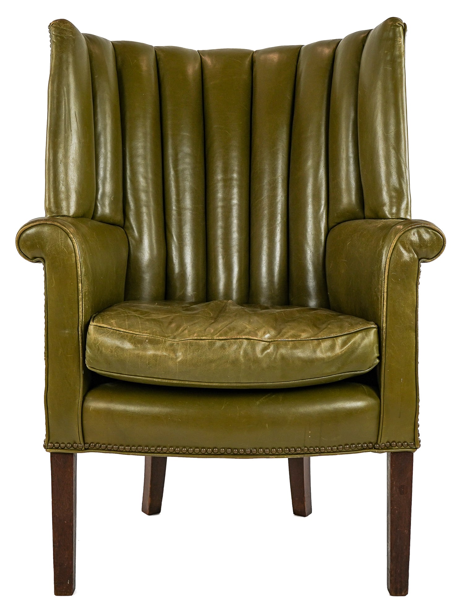 19th c Barrelback easy chair in olive green leather Upholstery (1 of 9)