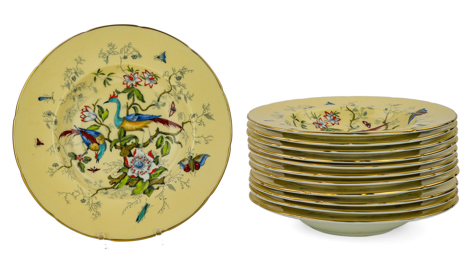 12 Coalport Cairo Bird Decorated Soup Bowls: Set of 12 Coalport"Cairo" pattern fine English bone china porcelain soup bowls with raised enamel bird and naturalist scene decoration dia. 8.75" overall very good condition