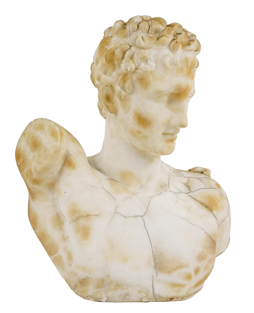 Neoclassical Marble Bust: White marble Neo-Classical male bust. Curly hair nude male bust. Partial hand resting on shoulder. Fractures to marble and staining. 15"h.