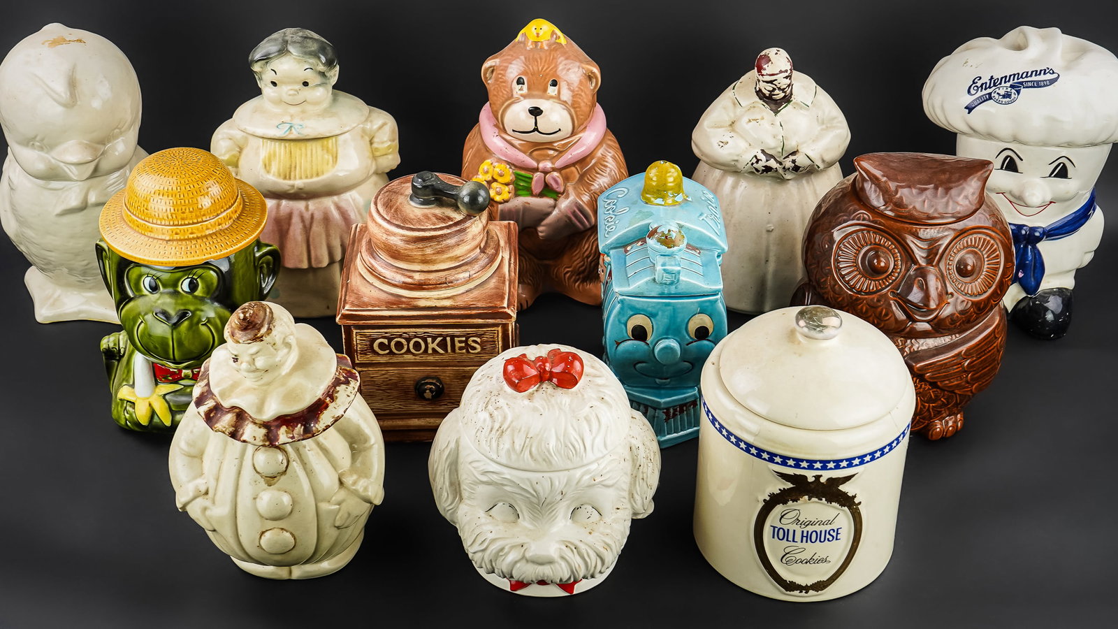 Collection of 20 Vintage Pottery Cookie Jars: Collection of 20 vintage pottery cookie jars including McCoy, Ohio makers, animal figures incl. owl, bear, dog, chick, clown, train etc. ht. 8"-12"