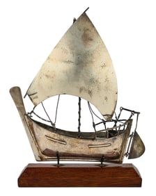 Silver Figural Sailboat on Mahogany Stand