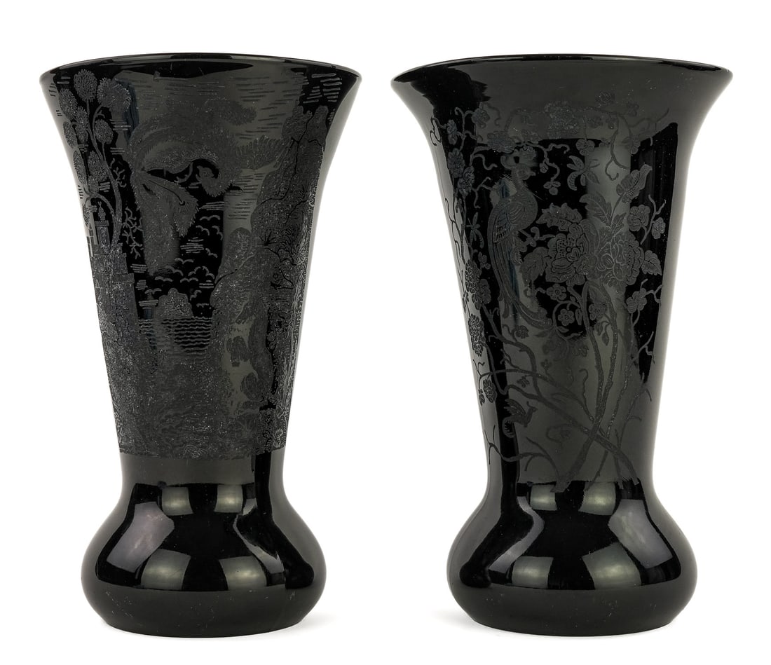 Pr of Cambridge Black Amethyst Etched Glass Vases (1 of 4)