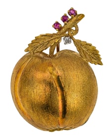 18k Yellow Gold, Ruby, & Diamond Apple Brooch Pin